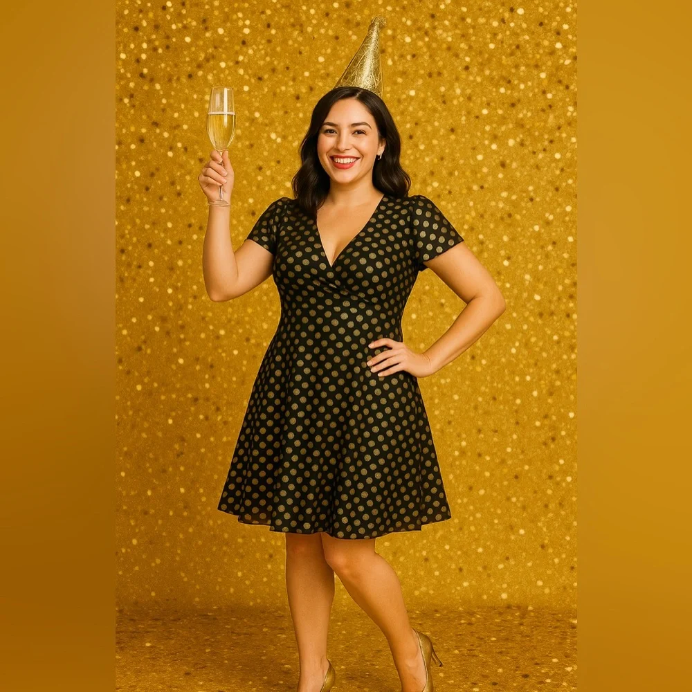 Torrid Black Polkadot Gold Flutter Sleeve Mini Dress, Large, NWT! - Picture 7 of 16